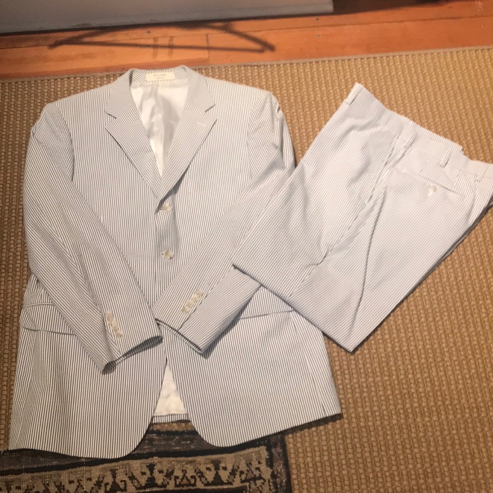 Men's Blue Striped seersucker Blazer and Pants Set